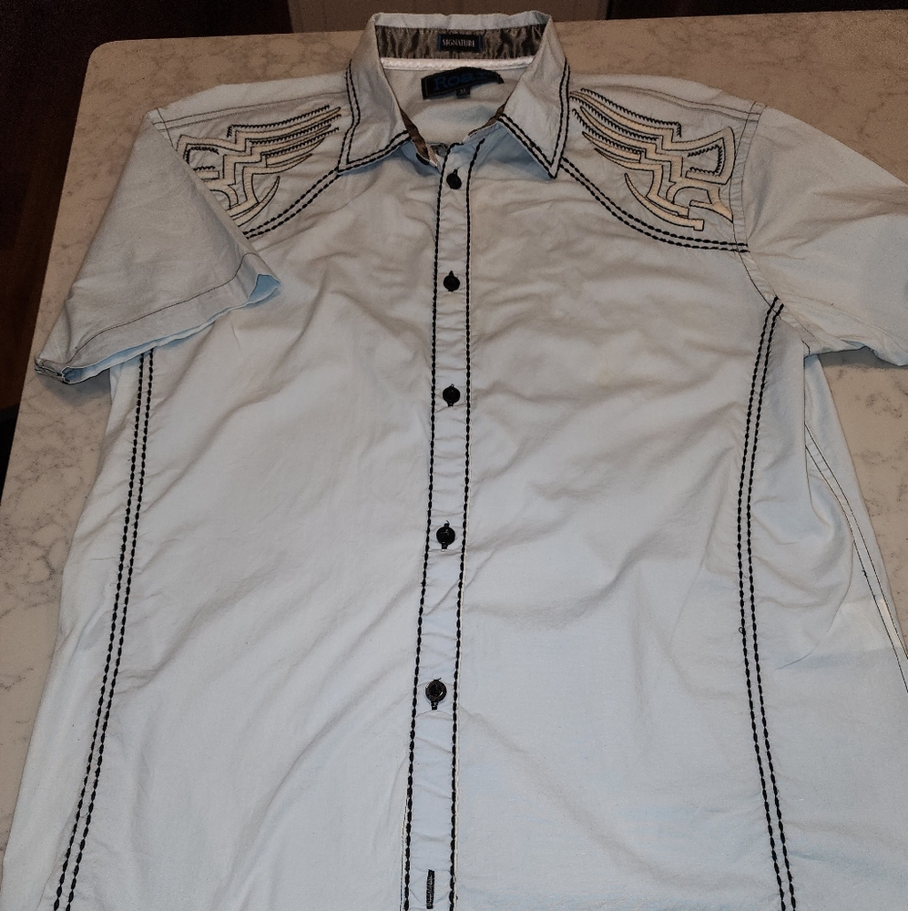 Roar Light Blue Short Sleece Button-Up Shirt w/ Black Stitching & Puffed Details